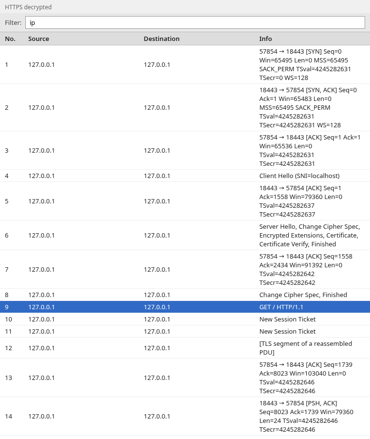 Wireshark packet list of the same HTTPS capture after the key log is loaded, frame 9 selected, showing GET / HTTP/1.1
