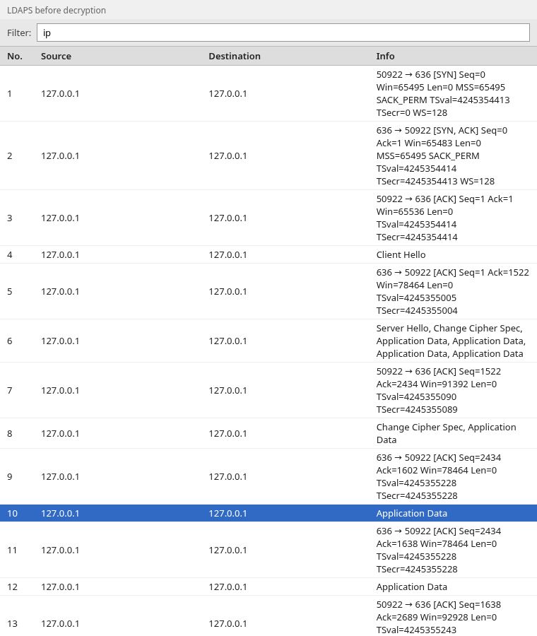 Wireshark packet list of an LDAPS capture before decryption, with Application Data where the LDAP messages are still encrypted