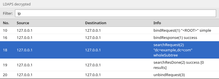 Wireshark packet list filtered to ldap after decryption, with searchRequest for dc=example,dc=com selected