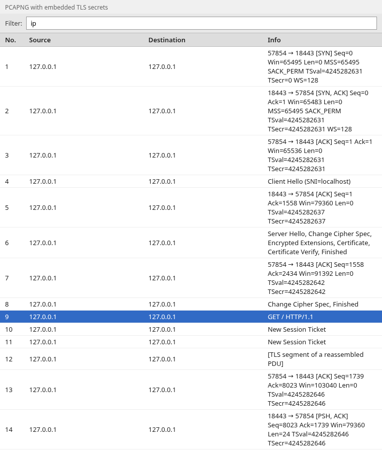 Wireshark packet list of a pcapng file with TLS secrets embedded, frame 9 selected, showing GET / HTTP/1.1 without a separate key log file