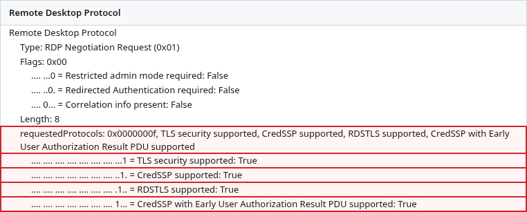 Wireshark RDP Negotiation Request with TLS, CredSSP, RDSTLS, and early user authorization marked true