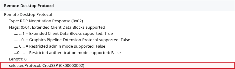 Wireshark RDP Negotiation Response with selectedProtocol set to CredSSP
