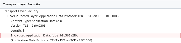 Wireshark TLS record on port 3389 showing encrypted application data