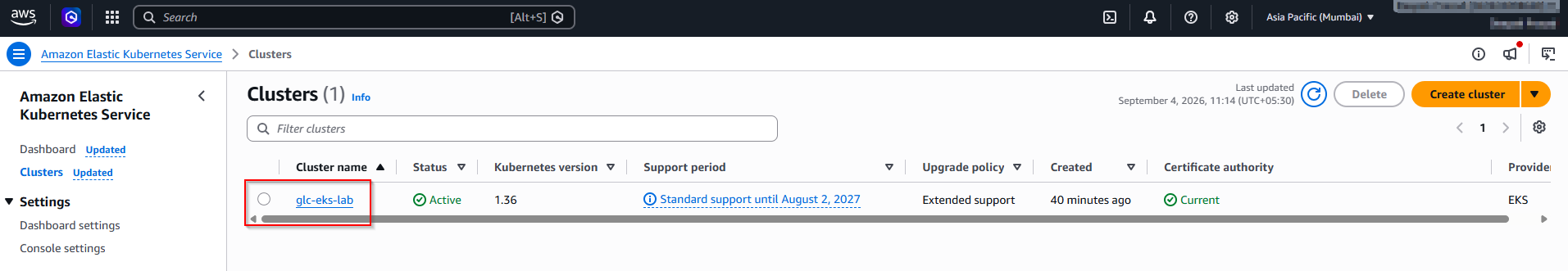 Amazon EKS Clusters list showing glc-eks-lab Active on Kubernetes 1.36
