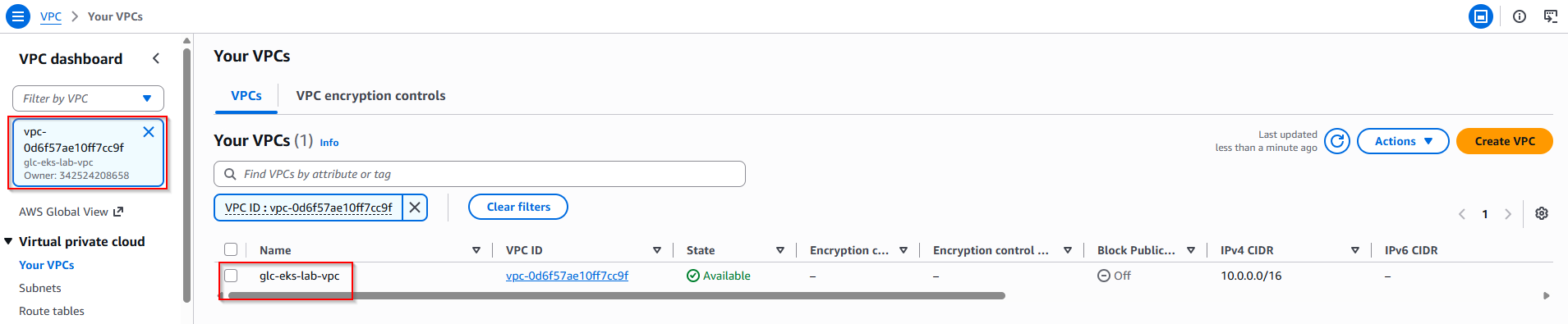 VPC Your VPCs list showing glc-eks-lab-vpc Available with 10.0.0.0/16