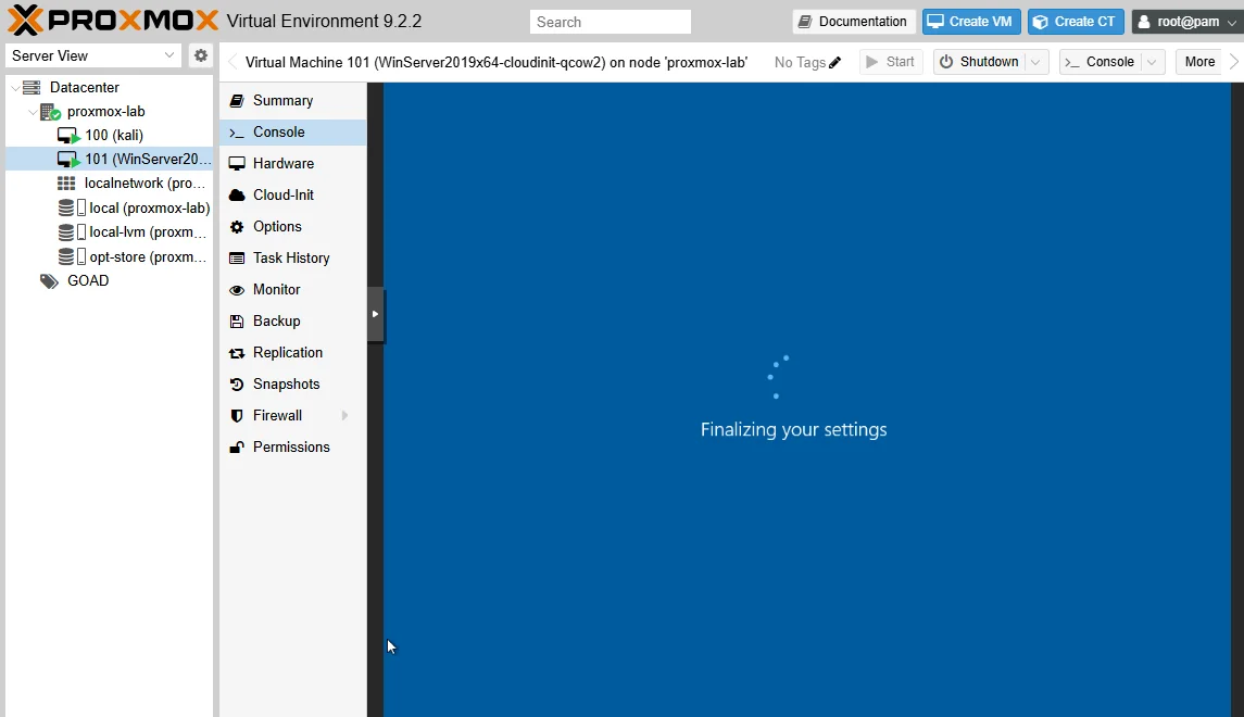Proxmox Web UI showing VM 101 WinServer2019x64-cloudinit-qcow2 console with the Windows Server desktop after unattended setup finishes