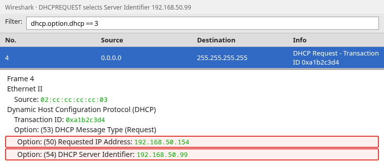 Wireshark DHCPREQUEST with Option 54 Server Identifier 192.168.50.99 highlighted in the packet detail pane