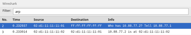 Wireshark packet list of one ARP request and one unicast reply 77 microseconds later