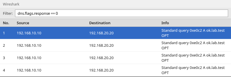 Wireshark packet list showing repeated DNS queries for ok.lab.test with no response packets