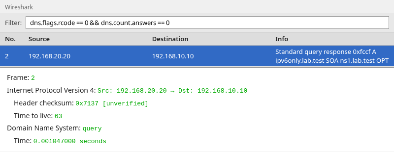 Wireshark DNS response for ipv6only.lab.test showing Reply code No error and Answer RRs count zero