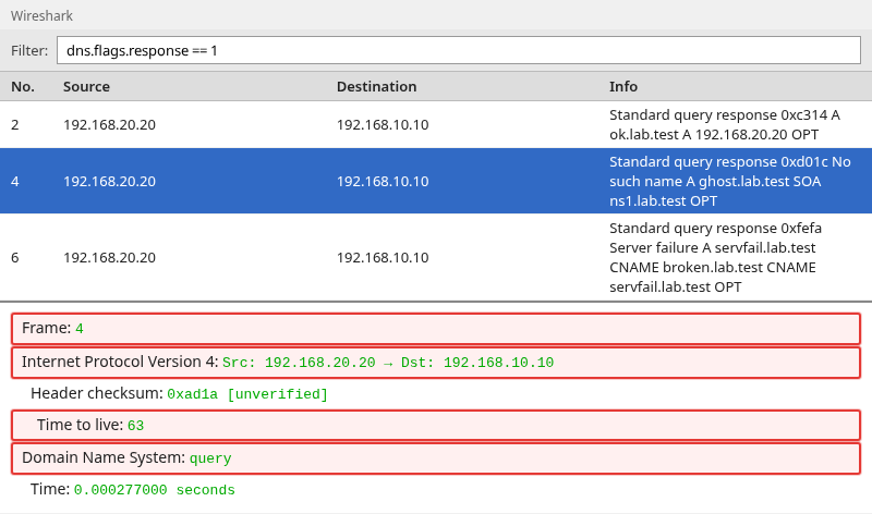 Wireshark DNS response with Answer to request in frame 3 and NXDOMAIN reply code visible