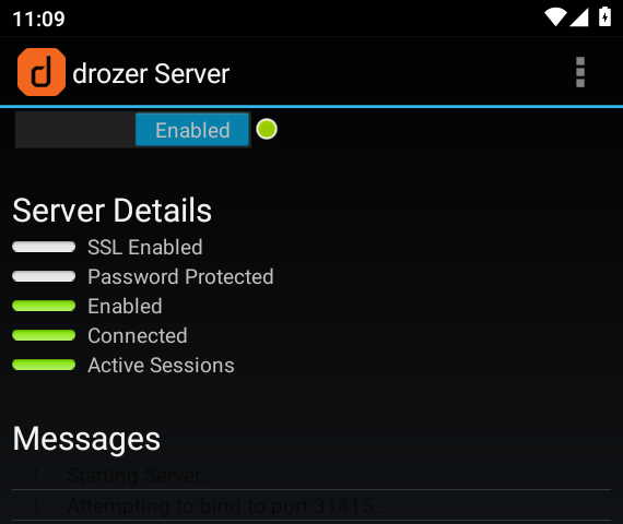 Drozer Server screen with Enabled Connected and Active Sessions green after a console connection