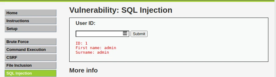 DVWA Basic SQL Injection