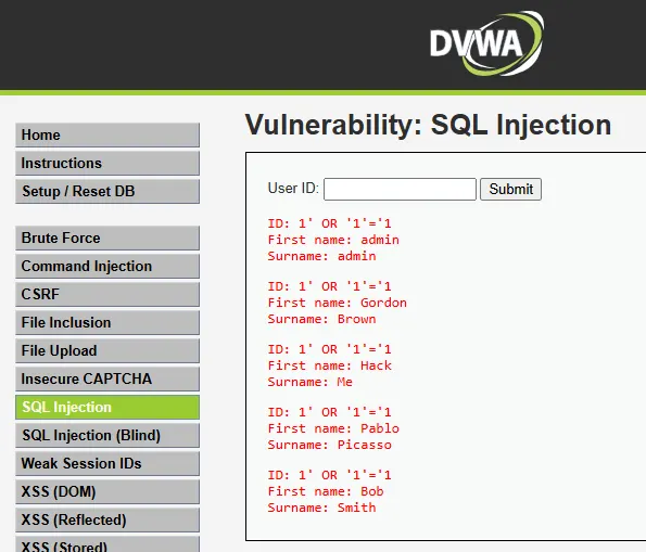 DVWA SQL Injection response after a boolean true payload returns multiple users