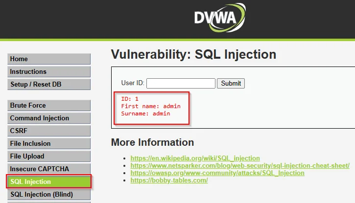 DVWA SQL Injection module showing a normal response for User ID 1