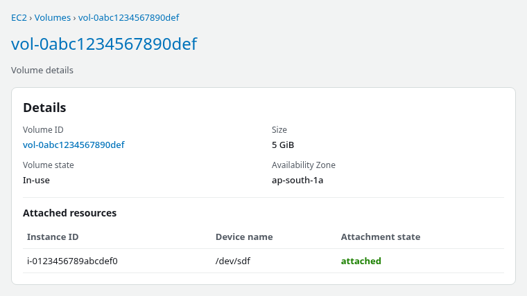 EC2 volume details showing a 5 GiB gp3 volume in-use and attached at /dev/sdf