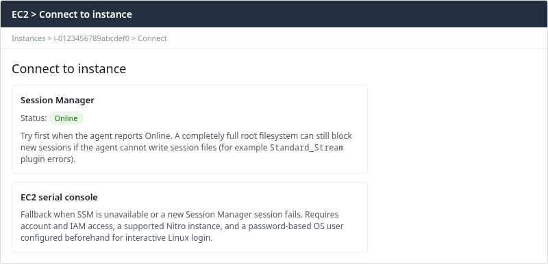 EC2 Connect panel with Session Manager Online as the first recovery path when SSH fails, noting that a completely full root filesystem can still block new SSM sessions