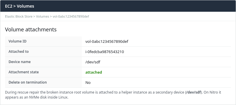 EBS root volume attached to rescue instance i-0fedcba9876543210 as secondary device /dev/sdf
