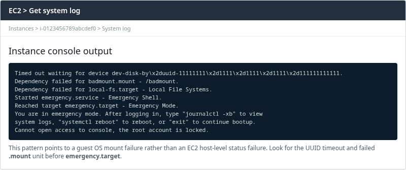 EC2 Get system log showing UUID mount timeout, badmount.mount failure, local-fs.target failure, and emergency mode