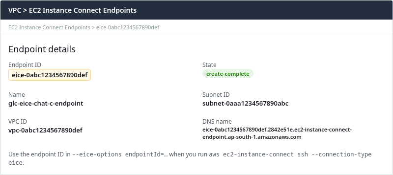 EC2 Instance Connect Endpoint details with endpoint ID and DNS name