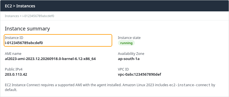 EC2 instance summary showing Amazon Linux 2023 AMI and running state for Instance Connect prerequisites