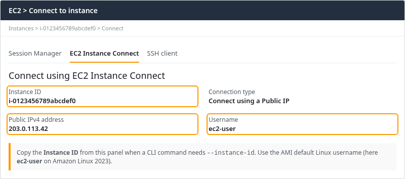 EC2 Connect panel with Instance ID, public IPv4, and ec2-user username for Instance Connect