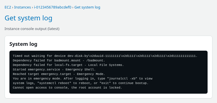 EC2 Get system log output showing emergency mode after a failed mount from bad fstab
