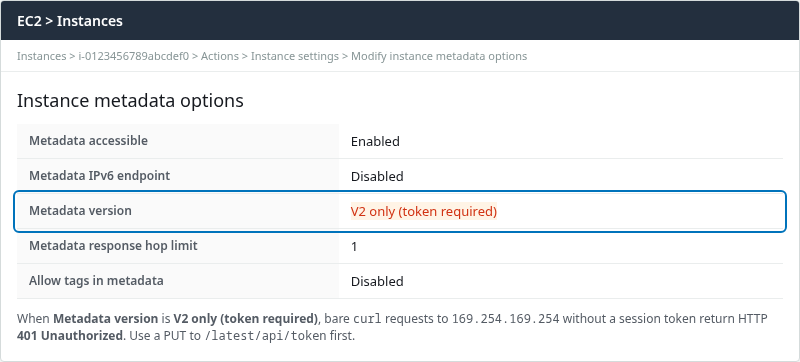 EC2 instance metadata options with Metadata version V2 only token required and hop limit 1