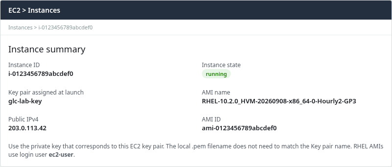 EC2 instance details showing Key pair name assigned at launch