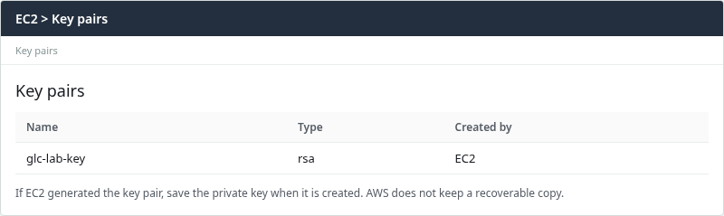EC2 key pairs list with the instance key pair name