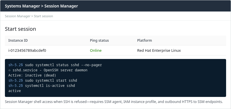Session Manager start session for an Online instance when SSH port 22 returns connection refused