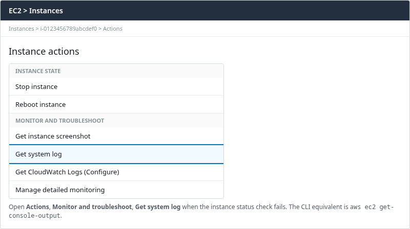 EC2 Actions menu highlighting Monitor and troubleshoot and Get system log