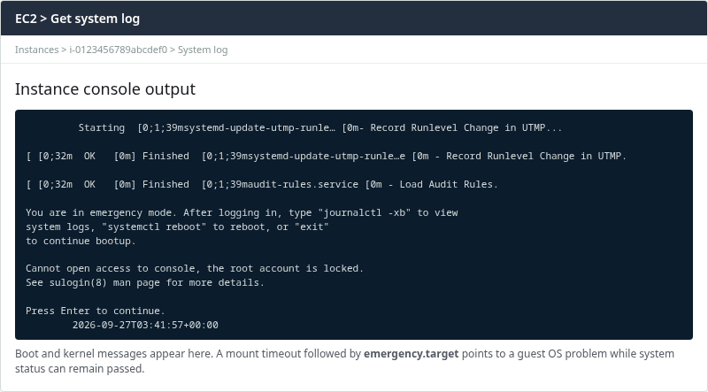 EC2 Get system log output showing emergency mode after fstab mount timeout