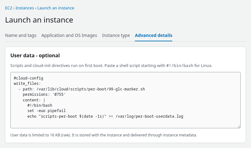 EC2 Launch an instance Advanced details panel showing cloud-config user data in the User data field