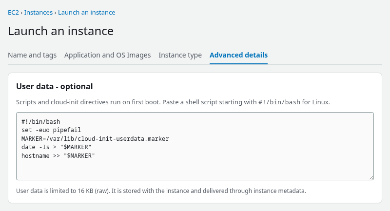EC2 Launch an instance Advanced details panel showing a shell script in the User data field