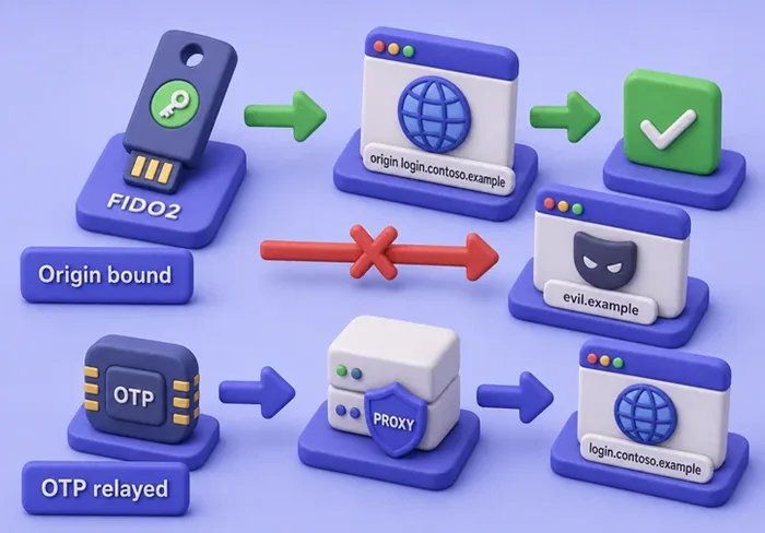 FIDO2 origin binding blocks AiTM host while OTP can still be relayed