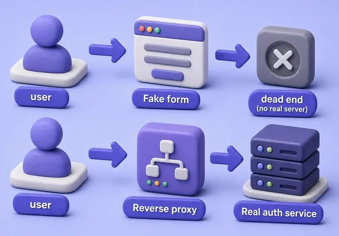 Static fake form versus reverse-proxy AiTM path to a legitimate auth service