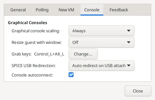 virt-manager Preferences Console tab showing Grab keys set to Control_L plus Alt_L