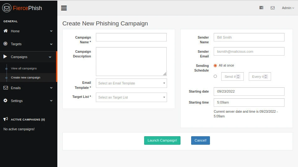 FiercePhish create campaign form binding template list and schedule