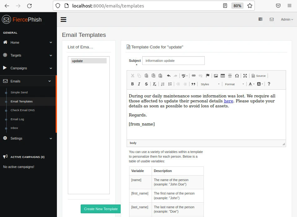 FiercePhish email template editor from a historical lab capture