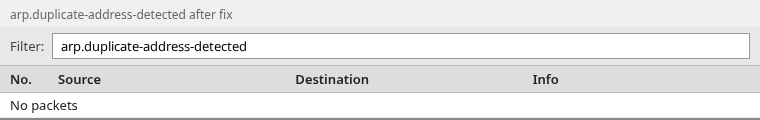 Wireshark with arp.duplicate-address-detected filter applied showing no packets after duplicate IP fix