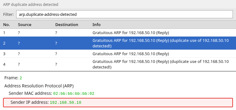 Wireshark ARP packet with duplicate use of 192.168.50.10 detected filter applied