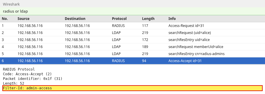 Wireshark packet list of a RADIUS Access-Request, LDAP user and group searches, and an Access-Accept with Filter-Id admin-access