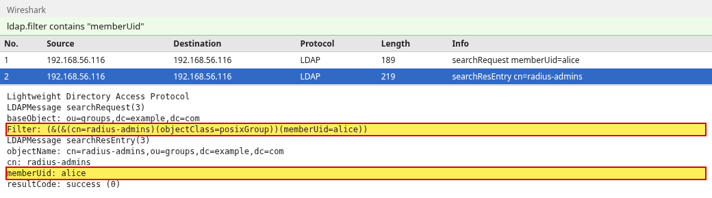 Wireshark LDAP group search matching memberUid alice in cn=radius-admins