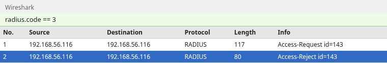 Wireshark packet list showing RADIUS Access-Request id 143 and Access-Reject id 143