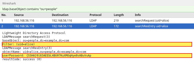 Wireshark LDAP search for uid=alice returning the SSHA userPassword