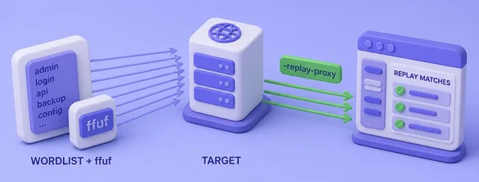 ffuf sends the full wordlist to the target, then replays only filtered matches into Burp for manual review