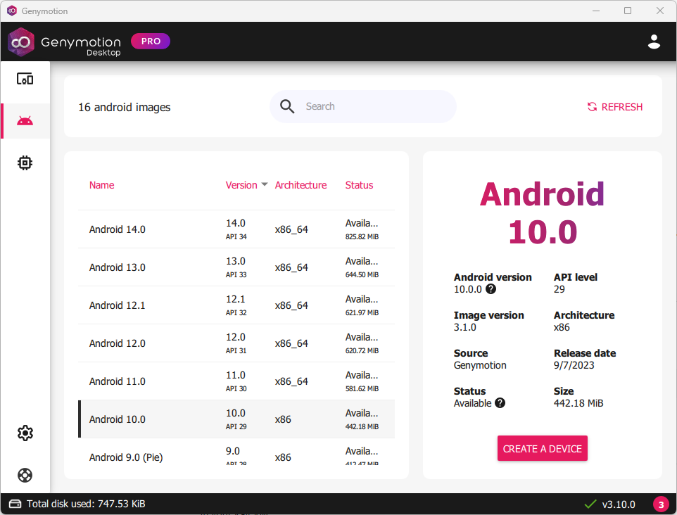 Genymotion Desktop Pro Android images list with Android 10.0 API 29 selected and Create a Device button