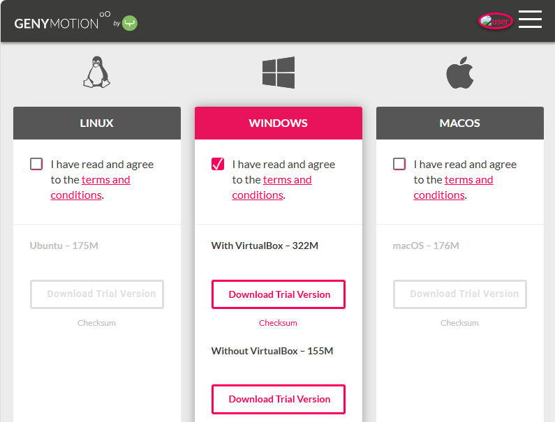 Genymotion trial download page with Windows selected, terms checked, and Download Trial Version for With VirtualBox and Without VirtualBox
