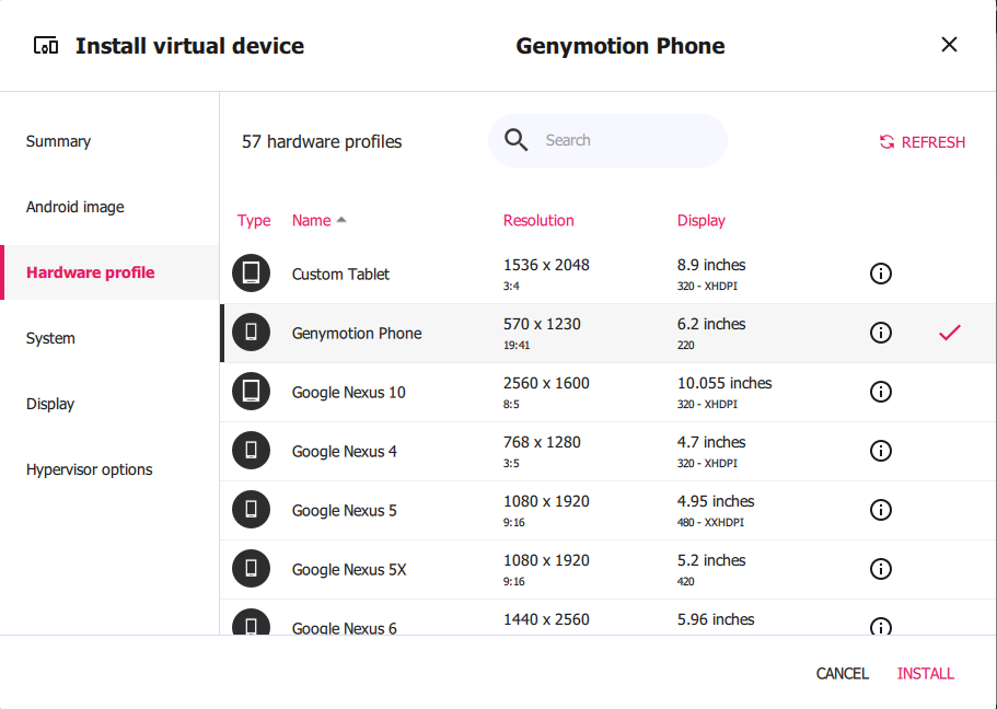 Install virtual device wizard on Hardware profile with Genymotion Phone 570x1230 selected